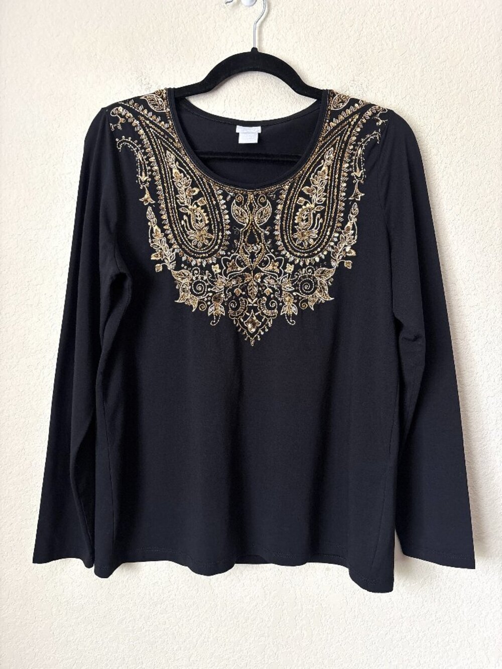 Chico's Bling Beaded Embroidered Neckline Long Sleeve Tee